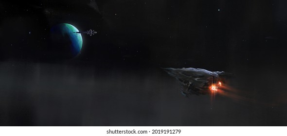 The Small Spacecraft Heads To The Spaceship Docked Next To The Blue Planet, 3D Illustration.