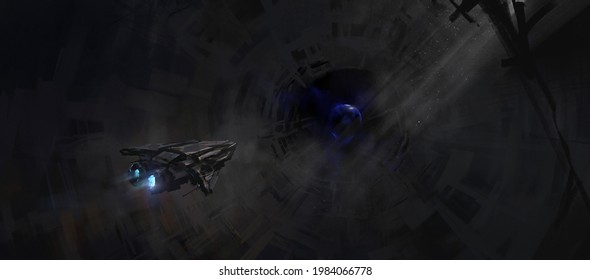 Small Spacecraft Sailing In An Abandoned Space Station, 3d Illustration.