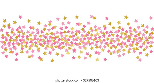 Small Stars Pink And Gold Confetti Border Illustration. Bright Sparkle Design Element For Tags, Labels, Greeting Cards, Wedding Invitations, Scrapbooking.