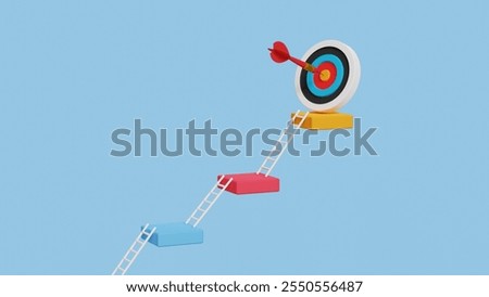 Small steps to success, step by step growth. Business goals, progress, improvement, vision, strategy, achievements, objectives. 3D bars steps with ladders reaching the archery target. 3D illustration