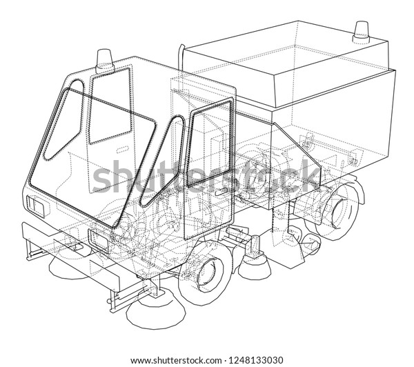 Small Street Clean Truck Concept. 3d illustration.\
Wire-frame style