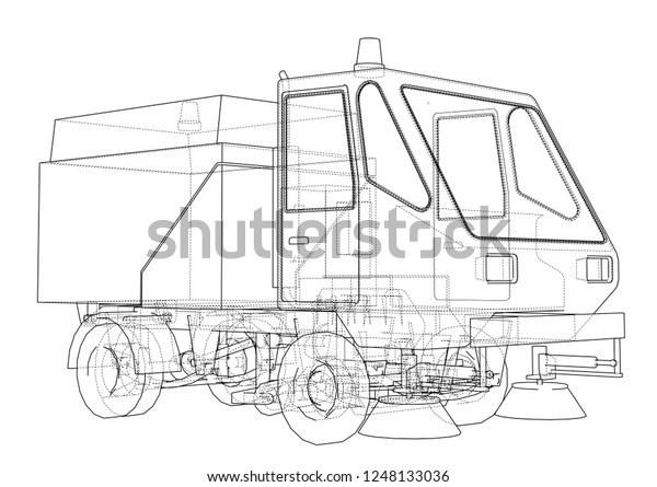Small Street Clean Truck Concept. 3d illustration.\
Wire-frame style