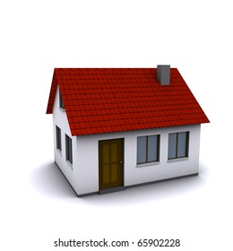 A Small Three-dimensional House With Red Roof On A White Background.