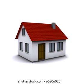 A Small Three-dimensional House With Red Roof On A White Background.