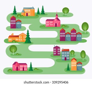 Small town cartoon raster illustration. Abstract map of countryside. Rolling landscape with small village and trees. Colorful houses. Cute street in flat design. Architect concept.