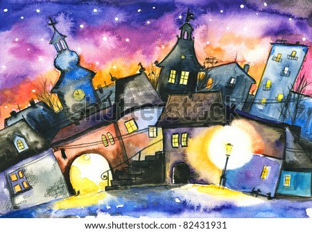  Small town at night.Picture I have created with watercolors.