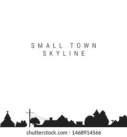 Small Town Skyline Silhouette. Illustration. Village Silhouette. Countryside Church. Roof Houses, Telegraph Pole.