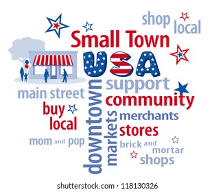 Small Town USA Word Cloud With Main Street Graphic In Patriotic Red, White And Blue, Stars And Stripes. To Support Shopping At Local Brick And Mortar Community Shops, Neighborhood Markets, Businesses.