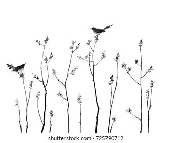 Small trees and birds sitting on the branch. Traditional oriental ink painting sumi-e, u-sin, go-hua.