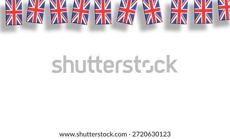Small UK Union Jack flags hanging as a border on white background