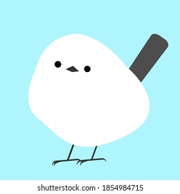 Small White Bird With Long Tail In The Icy Blue Background. Simple And Very Kawaii Image. It Looks Like Snowball.