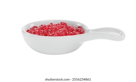 A small white dish filled with vibrant red beads, likely representing food or decorative elements. - Powered by Shutterstock