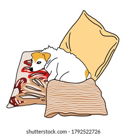 A small white dog  Jack Russell Terrier  lies snugly the pillows  Hand drawing 