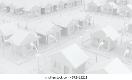 Small White House Neighborhood Area, 3d Illustration, Horizontal