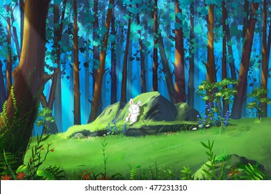 A Small White Rabbit Resting in the Mysterious Woodland. Video Game's Digital CG Artwork, Concept Illustration, Realistic Cartoon Style Background
