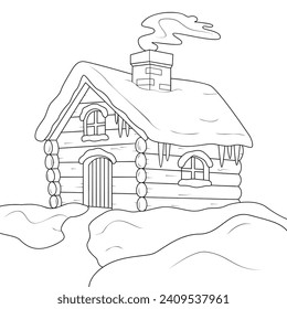 A small winter wooden house with a snow covered roof and smoke from a chimney vector linear picture for coloring. Outline. Black and white. Art therapy Coloring page. Vector illustration - Powered by Shutterstock