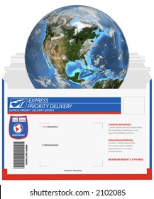 It's a small world, when you ship fast. Earth is a 3D render, the mailer is a clean render of a vector, which uses NO actual trademarks,  copyrighted text, or company logos.