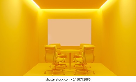 Small Yellow 4 Chair Meeting Room With Cove Lighting Along The Room . 3d Illustration.mock Up Concept.