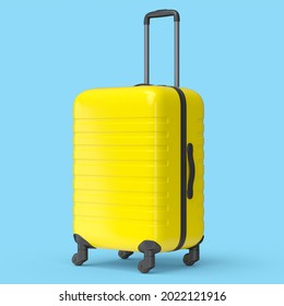 Small Yellow Polycarbonate Suitcase Isolated On Blue Background. 3d Render Travel Concept Of Baggage Or Luggage