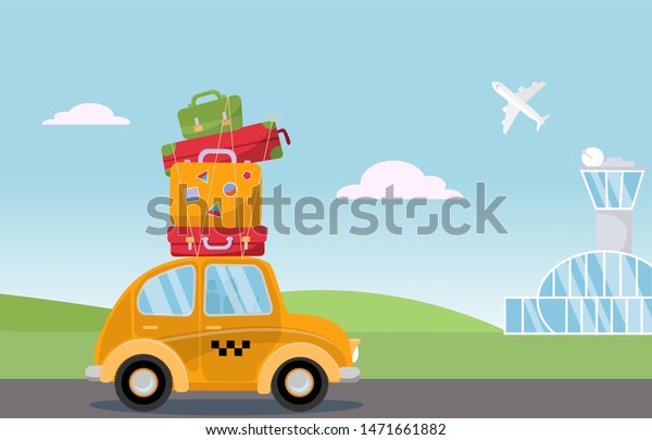 A small\
yellow retro taxi car with a stack of suitcases on the roof travels\
to the airport. Landscape with airport terminal building and plane\
taking off. flat cartoon\
illustration