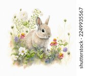 Small young rabbit is sitting in field among wild flowers and grass. Watercolor illustration