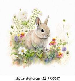 Small young rabbit is sitting in field among wild flowers   grass  Watercolor illustration