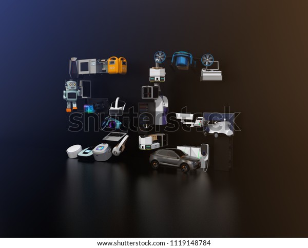 Smart appliances, drone, autonomous vehicle and\
robot arranged in \'5G\' text. Black background. 5G concept. 3D\
rendering image.