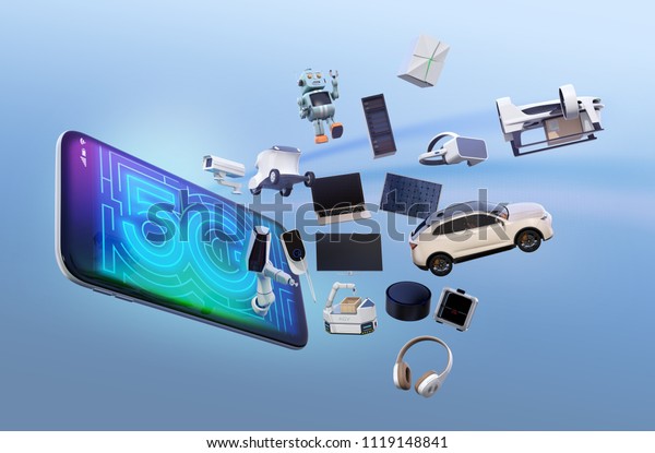 Smart appliances,\
drone, autonomous vehicle and robot jump from smart phone, 5G\
concept. 3D rendering\
image.