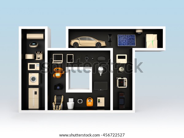 Smart appliances\
in layout as \'IoT\'. Internet of Things concept for consumer\
products. 3D rendering\
image.