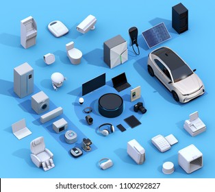 Smart Appliances On Blue Background. Internet Of Things And Home Automation Concept. Consumer Products. 3D Rendering Image.