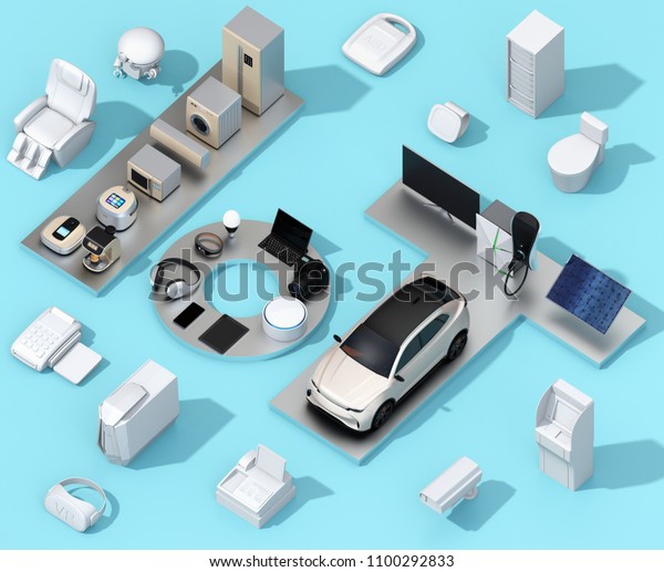 Smart appliances on blue background. Internet of\
Things and home automation concept. Consumer products. 3D rendering\
image.