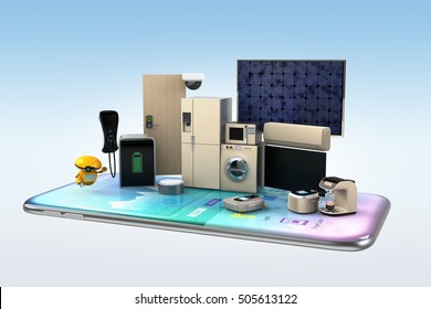 Smart appliances on a smart phone. Concept for home automation. 3D rendering image.