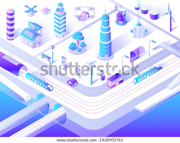 Smart\
buildings isometric raster. Neon futuristic city architecture.\
Smart city. Modern town map with 3d\
skyscrapers.