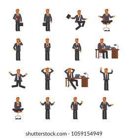 Smart Businessman Character Creation Set With Various Views, Face Emotions, Poses And Gestures In Cartoon Style. 