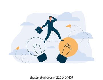 Smart Businessman Jump From Old To New Shiny Lightbulb Idea.Business Innovation, Transformation, Change Management Concept. Positive Confident Businessman Jumping From Old To New Shiny Lightbulb Idea.