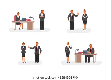 Smart Businessman And Woman Character Creation Set With Various Views, Face Emotions, Poses And Gestures In Cartoon Style.