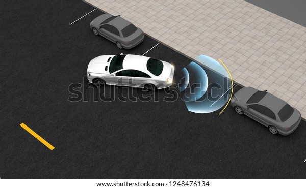 Smart car, Automatically\
parks in the Parking lot with Parking Assist System, 3D rendering\
image.