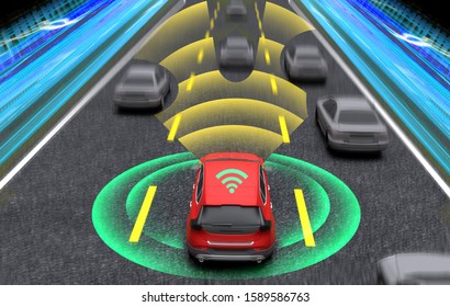 Smart car, Autopilot, self-driving mode vehicle with Radar signal system and and wireless communication, 3D Rendering illustration. - Shutterstock ID 1589586763