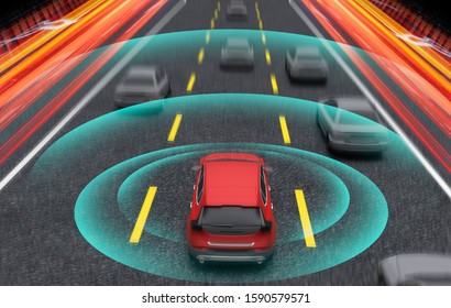 Smart car, Autopilot, self-driving mode vehicle with Radar signal system and and wireless communication, 3D Rendering illustration. - Shutterstock ID 1590579571