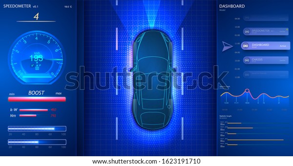 Smart car dashboard. Modern Speedometer\
Interface. Car goes on the road. Scans the road, observe the\
distance. Futuristic user interface auto. HUD UI GUI. Abstract\
virtual graphic touch user\
interface