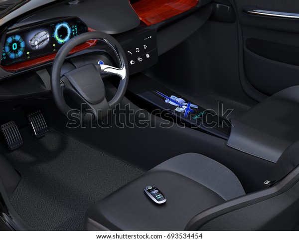 Smart car key on electric car\'s passenger seat. 3D\
rendering image.