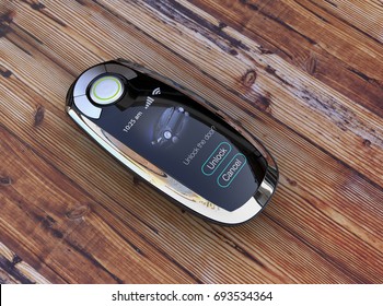 Smart Car Key On Wood Table. 3D Rendering Image.