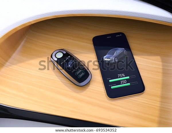 Smart car key and smart phone on electric car\'s\
dashboard. 3D rendering\
image.