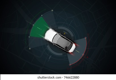 Smart Car Sensors - Futuristic Concept, Top View With Background Map - 3D Illustration