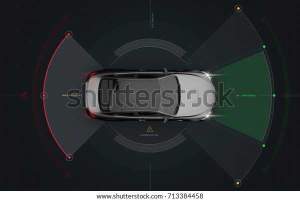 Smart car sensors - futuristic concept,\
top view (with grunge overlay) - 3D\
illustration