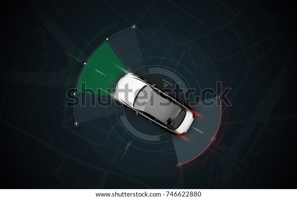 Smart car sensors - futuristic concept, top\
view with background map - 3D\
illustration