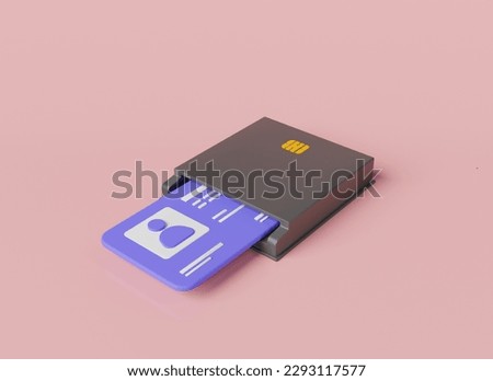 Smart card reader with Id card on pink background. Chip card reader, identity verification, Secure transaction, person data. 3d icon rendering illustration. cartoon minimal style