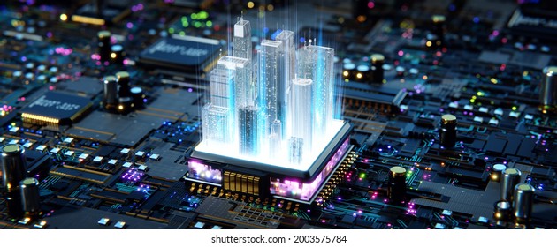 Smart chip processor with buildings.  Smart city concept. 3d rendering