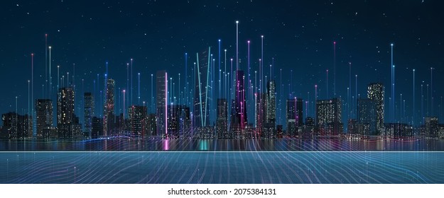 Smart city and abstract dot point connect with gradient line, big data connection technology concept. 3d rendering