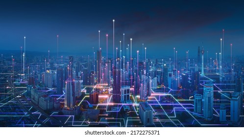 Smart city and abstract line and dot connect with gradient line design , big data connection technology concept. 3d render - Shutterstock ID 2172275371